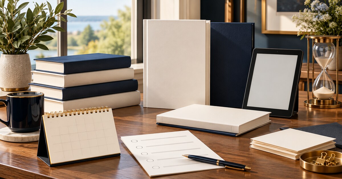 Blank books, e-reader, calendar and launch checklist arranged for book preorder planning