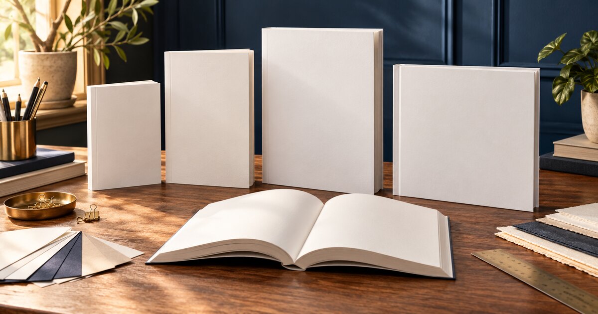 Blank books in several professional trim sizes arranged on a publishing studio desk