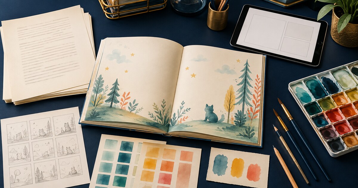 Open illustrated picture book, storyboard, color swatches and publishing tools on a studio desk