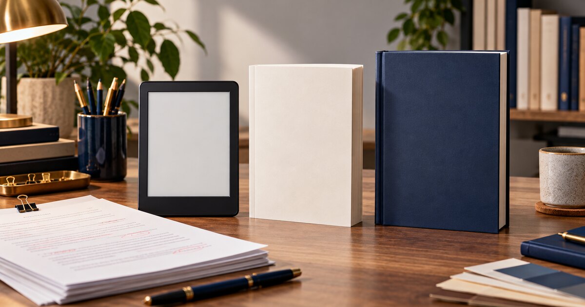 Blank e-reader, paperback and hardcover editions arranged in a professional publishing studio